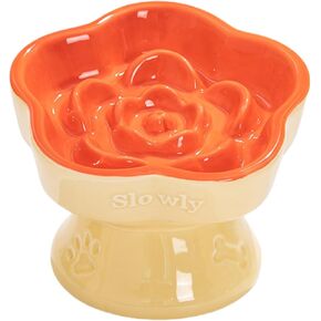 Pet Slow Feeder Bowl, Elevated and Tilted Ceramic Slow Feeder Bowl for Cats and Small Dogs, Raised Pet Bowl for Dry and Wet Food, Prevents Vomiting and Choking (Orange)