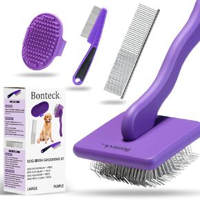 Dog Slicker Brush for Dogs Grooming Kit 4PCS | Large Dog Brush for Goldendoodles Poodles Doodles | Long Pin Haired Brush | Dog Bath Brushes Flea Comb(Purple)