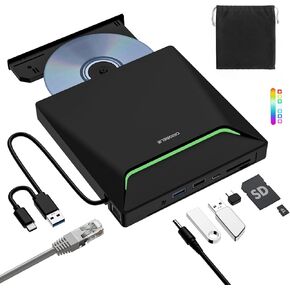 Newest External CD DVD Drive, Cool DVD Burner USB 3.0 with Ethernet Adapter, 3 USB and 2 TF/SD Card Ports, CD DVD Player Reader Writer Optical Disc Drive for Laptop MacBook PC Windows Linux Mac OS
