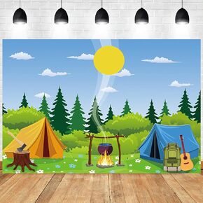 7x5ft Camping Backdrop Cartoon Forest Scene Camp Tent Photography Background Camper Bonfire Campfire Party Banner Decorations Camping Theme Party Outdoor Adventure Photo Booth Props