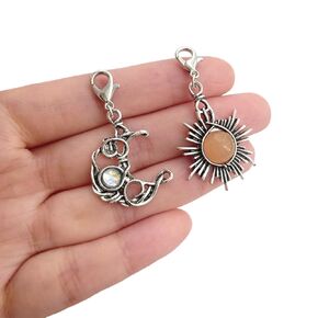2pcs Sun and Moon Clip on Charm Crystal Moonstone Zipper Pull Purse Charms, Lobster Claw Charm for Link Bracelets and Necklace