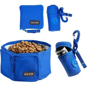 Collapsible Dog Bowl and Dog Poop Bag Holder Set, Foldable Dog Travel Bowl for Food and Water While Traveling, Camping, Hiking, Portable Dog Waste Bags Dispenser Attaches to Leash
