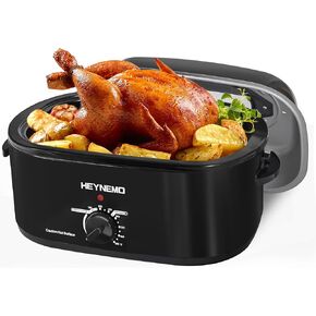 26 Quart Electric Roaster, 1450W Roaster Oven with Defrost&Heat&Warm Function, Turkey Roaster Oven with Self-Basting Lid，Removable Pan and Rack Easy Clean, Stainless Steel, Black