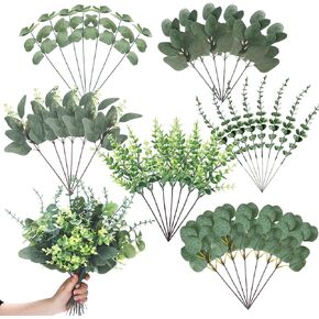 90 Pcs 6 Kinds Mixed Eucalyptus Leaves Stems Bulk Artificial Eucalyptus Leaves Sprays Silver Dollar Eucalyptus Faux Greenery Picks Bundle for Wedding Vase Floral Arrangement Decor