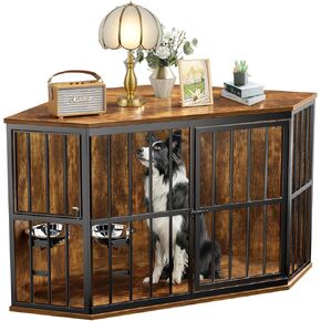 Medium Dog Crate Furniture, 42" Heavy Duty Corner Dog Crate with 2 Stainless Steel Bowls, Dog Kennel Furniture Style House, Wooden Decorative Pet House End Side Table, Chew-Resistant, Rustic