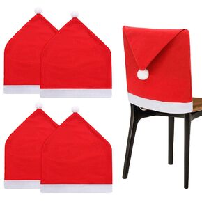 Christmas Chair Covers, Christmas Dining Chair Slipcovers, Red Brushed Fabrics Santa Claus Hat Chair Back Covers for Xmas Décor, Dining Room Decoration (4PCS)