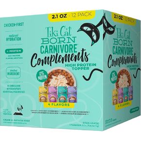 Tiki Cat Born Carnivore Complements Wet Cat Food Topper, High Protein & Limited Ingredient, Variety Pack 2.1 oz. Pouch (12 Per Box)