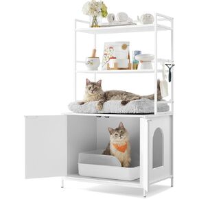 Feandrea Cat Litter Box Enclosure, Hidden Litter Box Furniture with 2 Storage Shelves, 2 Hooks, Spacious for Large Cats, Indoor Cat House, Snow White UPCL009W01