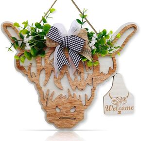 OLMIXA 3D Cow Head Wreath Wooden Sign (11.8x9.6 inch), Outdoor Cow Welcome Door Hanger Sign, Animal with Bow and Artificial Leaves Hanger for Front Door Porch Farmhouse Decor