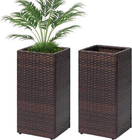 LEWIS&WAYNE Set of 2 Tall Planters for Outdoor Plants Handmade 24'' Wicker Tall Square Planter Box with Removable Liners Modern Planter for Indoor Outdoor Garden Patio Front Porch - Gray in Saudi Arabia