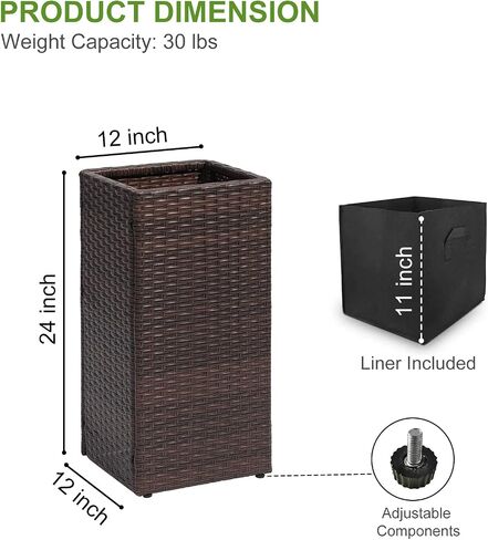 LEWIS&WAYNE Set of 2 Tall Planters for Outdoor Plants Handmade 24'' Wicker Tall Square Planter Box with Removable Liners Modern Planter for Indoor Outdoor Garden Patio Front Porch - Gray in Saudi Arabia
