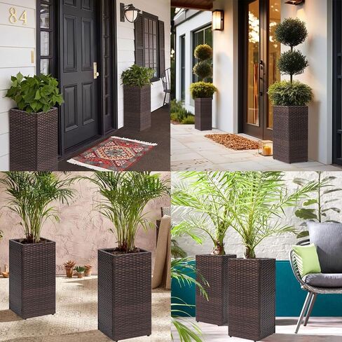 LEWIS&WAYNE Set of 2 Tall Planters for Outdoor Plants Handmade 24'' Wicker Tall Square Planter Box with Removable Liners Modern Planter for Indoor Outdoor Garden Patio Front Porch - Gray in Saudi Arabia