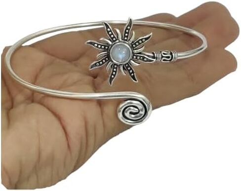 Silver Sunburst Arm Cuff, Rainbow Moonstone Boho Upper Arm Bracelet, Spiral Arm Cuff, Gemstone Armlet, Sun Bohemian Jewelry Gift in Kuwait