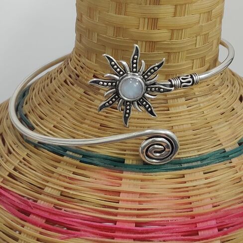 Silver Sunburst Arm Cuff, Rainbow Moonstone Boho Upper Arm Bracelet, Spiral Arm Cuff, Gemstone Armlet, Sun Bohemian Jewelry Gift in Kuwait