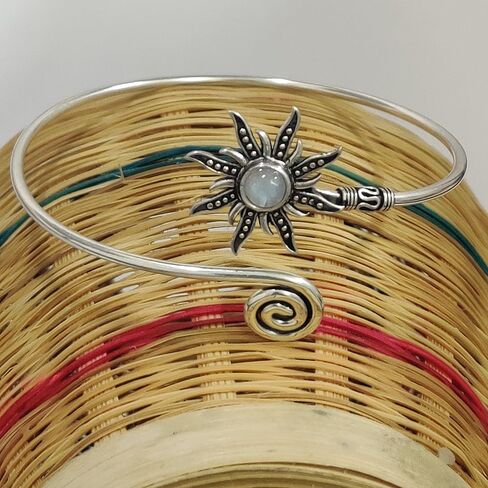 Silver Sunburst Arm Cuff, Rainbow Moonstone Boho Upper Arm Bracelet, Spiral Arm Cuff, Gemstone Armlet, Sun Bohemian Jewelry Gift in Kuwait