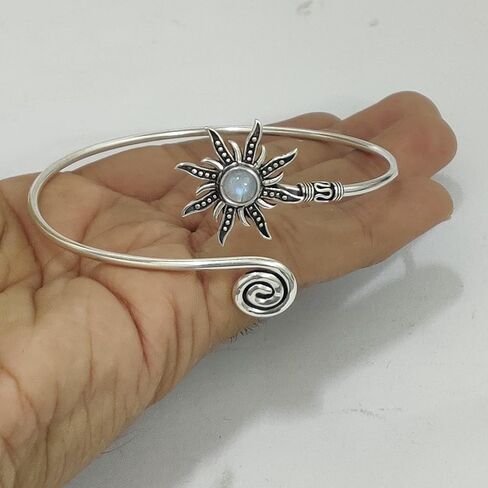Silver Sunburst Arm Cuff, Rainbow Moonstone Boho Upper Arm Bracelet, Spiral Arm Cuff, Gemstone Armlet, Sun Bohemian Jewelry Gift in Kuwait