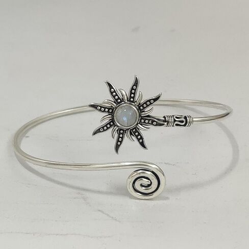 Silver Sunburst Arm Cuff, Rainbow Moonstone Boho Upper Arm Bracelet, Spiral Arm Cuff, Gemstone Armlet, Sun Bohemian Jewelry Gift in Kuwait