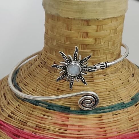 Silver Sunburst Arm Cuff, Rainbow Moonstone Boho Upper Arm Bracelet, Spiral Arm Cuff, Gemstone Armlet, Sun Bohemian Jewelry Gift in Kuwait