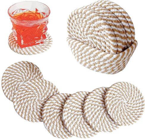 Valdivia Boho Drink Coasters with Storage Basket, Handmade Woven Cotton Absorbent Coaster Set of 6, Minimalist Home Decor for Coffee Table, Kitchen, Housewarming Gifts and Wedding Registry Gifts Ideas in Saudi Arabia