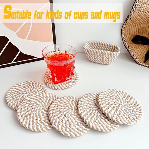 Valdivia Boho Drink Coasters with Storage Basket, Handmade Woven Cotton Absorbent Coaster Set of 6, Minimalist Home Decor for Coffee Table, Kitchen, Housewarming Gifts and Wedding Registry Gifts Ideas in Saudi Arabia