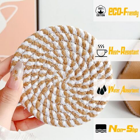 Valdivia Boho Drink Coasters with Storage Basket, Handmade Woven Cotton Absorbent Coaster Set of 6, Minimalist Home Decor for Coffee Table, Kitchen, Housewarming Gifts and Wedding Registry Gifts Ideas in Saudi Arabia
