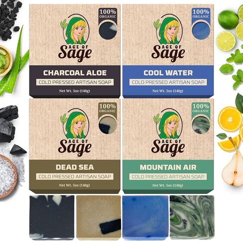 Natural Bar Soap for Men - Vegan Bath Soap Bars Gift Set - Handmade Cold Process Artisan Soap with Essential Oil, Aromatic All Moisturizing Wash Soaps, Fragrant Macho Scent by Age of Sage (4 Pack) in Saudi Arabia