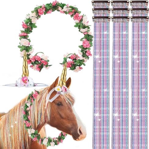 14 Pcs Horse Bling Accessory Clip in Hair Extensions for Mane and Tail Bling Pony Hair Tinsel with Unicorn Horn Headband and Flower Vine for Real Horses Western Bride Horse Lover (Multicolor) in Saudi Arabia