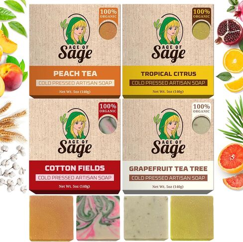 Natural Bar Soap for Men - Vegan Bath Soap Bars Gift Set - Handmade Cold Process Artisan Soap with Essential Oil, Aromatic All Moisturizing Wash Soaps, Fragrant Macho Scent by Age of Sage (4 Pack) in Kuwait