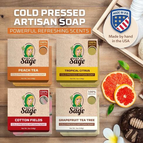 Natural Bar Soap for Men - Vegan Bath Soap Bars Gift Set - Handmade Cold Process Artisan Soap with Essential Oil, Aromatic All Moisturizing Wash Soaps, Fragrant Macho Scent by Age of Sage (4 Pack) in Kuwait