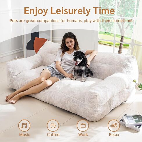 BYBYME Giant Human Dog Sofa Bed, Extra Large Floor Sofa Couch, Sherpa Orthopedic Human Dog Bed, Comfy Huge Sofa for Pet Families with Foam Chunk, Beige in Saudi Arabia
