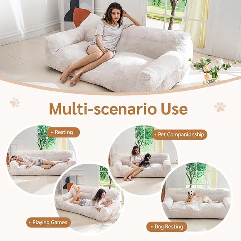 BYBYME Giant Human Dog Sofa Bed, Extra Large Floor Sofa Couch, Sherpa Orthopedic Human Dog Bed, Comfy Huge Sofa for Pet Families with Foam Chunk, Beige in Saudi Arabia