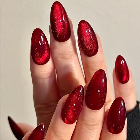 GLAMERMAID عيون قطة مغناطيسية حمراء تضغط على الأظافر القصيرة اللوز، مجموعة أظافر وهمية مصنوعة يدويًا من جل أورورا، غراء مغناطيسي لامع على شكل أومبير روج على خنجر الأظافر، عصا بيضاوية متوسطة قرمزية على مجموعة الأظافر الزائفة للنساء in Saudi Arabia