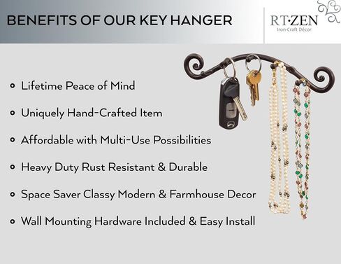 RTZEN Farmhouse Small Key Holder for Wall - Handcrafted Swirl Decorative 5 Key Hooks for Home Entryway - Wrought Iron Black Wall Mount Key Rack Purse Coat and Leash Holder or Organizer (Swirly) in Kuwait