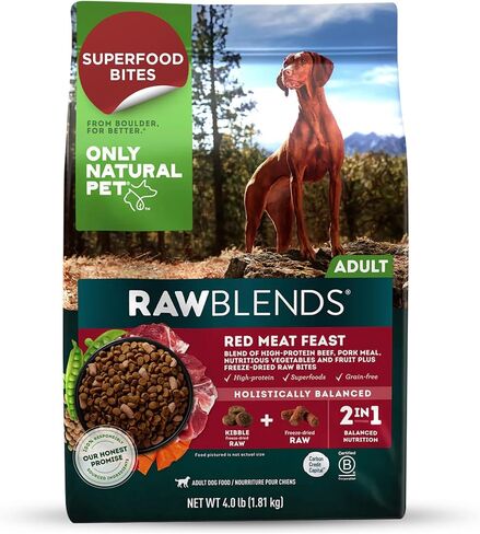 Only Natural Pet Raw Blends Infused Grain Dog Food, High Protein All-Natural Whole Ingredients & 100% Raw Meat Bites, Red Meat Feast, Low Phosphorus, Dehydrated Mix for Large Breed & Picky Eaters, 4lb in Saudi Arabia