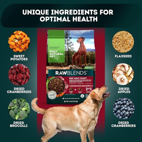 Only Natural Pet Raw Blends Infused Grain Dog Food, High Protein All-Natural Whole Ingredients & 100% Raw Meat Bites, Red Meat Feast, Low Phosphorus, Dehydrated Mix for Large Breed & Picky Eaters, 4lb in Saudi Arabia