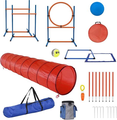 4 Sets Pets Agility Training Equipment, Obstacle Training Course Kit, Adjustable Dog Hoop, Dog Jump, Weave and Blind Poles and Pause Box for Dog Obstacle Course Outdoor Game in Saudi Arabia