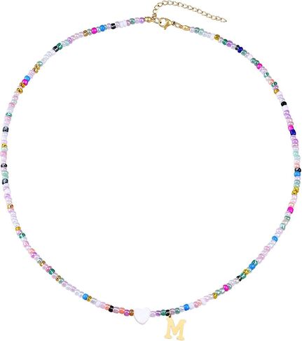 Handmade Cute Colorful Beaded Shell Love Initial Necklace - Trendy Choker Necklace for Women Teens, Gold Letter Charm Necklace Jewelry Gifts Best Friend Friendship (M) in Kuwait
