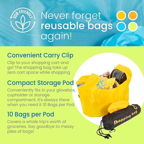 Shopping bags for groceries,10 large washable reusable grocery bags in a compact capsule with a click and carry clip. in Saudi Arabia