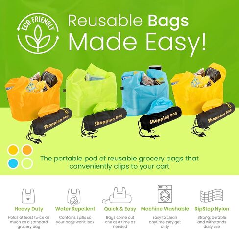 Shopping bags for groceries,10 large washable reusable grocery bags in a compact capsule with a click and carry clip. in Saudi Arabia