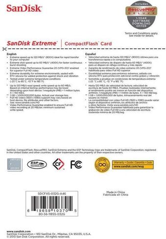 بطاقة ذاكرة سانديسك SDCFXSB-032G-G46 CF اكستريم 32 جيجابايت 120 ميجابايت/ثانية الفئة 10 in Saudi Arabia