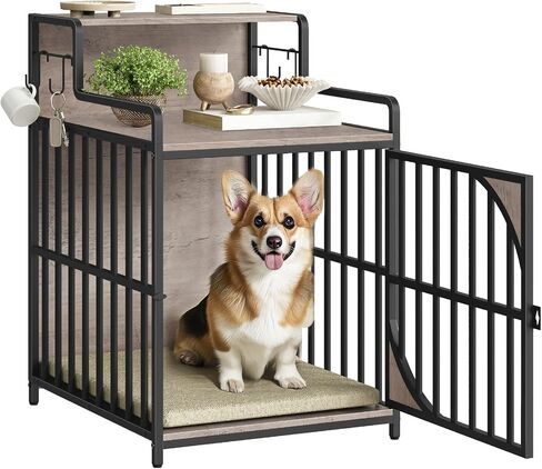 HOOBRO Dog Crate Furniture, Dog Kennel End Table, Indoor Dog House with Storage Shelf, Wooden Dog Crate with S Hooks, Chew-Resistant Metal Fence, for Puppies and Small Dogs, Greige and Black BG51GW03 in Saudi Arabia