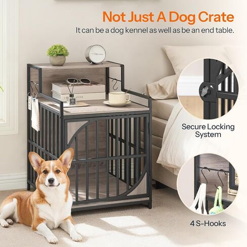 HOOBRO Dog Crate Furniture, Dog Kennel End Table, Indoor Dog House with Storage Shelf, Wooden Dog Crate with S Hooks, Chew-Resistant Metal Fence, for Puppies and Small Dogs, Greige and Black BG51GW03 in Saudi Arabia