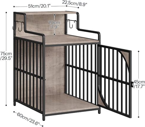 HOOBRO Dog Crate Furniture, Dog Kennel End Table, Indoor Dog House with Storage Shelf, Wooden Dog Crate with S Hooks, Chew-Resistant Metal Fence, for Puppies and Small Dogs, Greige and Black BG51GW03 in Saudi Arabia