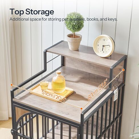 HOOBRO Dog Crate Furniture, Dog Kennel End Table, Indoor Dog House with Storage Shelf, Wooden Dog Crate with S Hooks, Chew-Resistant Metal Fence, for Puppies and Small Dogs, Greige and Black BG51GW03 in Saudi Arabia