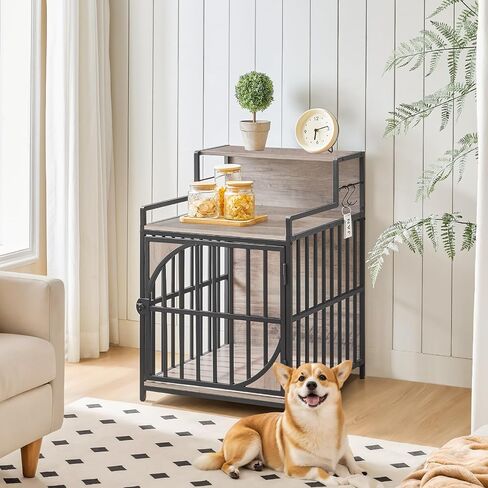 HOOBRO Dog Crate Furniture, Dog Kennel End Table, Indoor Dog House with Storage Shelf, Wooden Dog Crate with S Hooks, Chew-Resistant Metal Fence, for Puppies and Small Dogs, Greige and Black BG51GW03 in Saudi Arabia