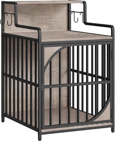 HOOBRO Dog Crate Furniture, Dog Kennel End Table, Indoor Dog House with Storage Shelf, Wooden Dog Crate with S Hooks, Chew-Resistant Metal Fence, for Puppies and Small Dogs, Greige and Black BG51GW03 in Saudi Arabia