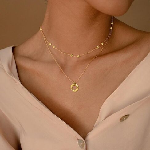 DAZLIME 14K الذهب الطبقات القلائد للنساء، اليدوية دائرة قلادة قلادة للنساء، عين الموت قلادة دائرة مزدوجة قلادة، لذيذ بسيط مرحلة القمر مجوهرات للنساء هدية in Saudi Arabia