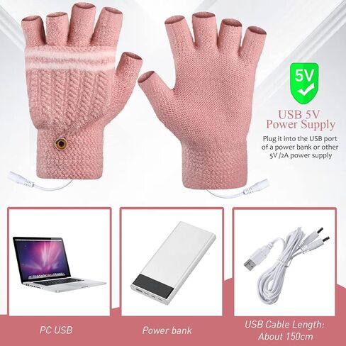 زوجان من قفازات USB للتدفئة للنساء والرجال، قفازات كمبيوتر محمول دافئة للشتاء بدون أصابع، قفازات تدفئة نصف كاملة قابلة لإعادة الشحن، تصميم قابل للغسل (نمط لطيف) in Kuwait