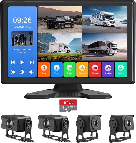 نظام كاميرا احتياطية 4 قنوات، شاشة لمس 10.26 بوصة مع ستيريو DVR، بطاقة 64 جيجابايت، IP69 مقاومة للماء، كاميرا احتياطية للرؤية الليلية 1080 بكسل للمركبات الترفيهية/الشاحنة/المقطورة/البيك أب، كاميرا عكس أمامية جانبية خلفية in Saudi Arabia