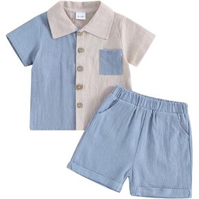 Kupretty Baby Boy Clothes Toddler Summer Outfit Color Block Short Sleeve Button Down Shirt + Shorts 2T 3T 4T 5T Clothing Set